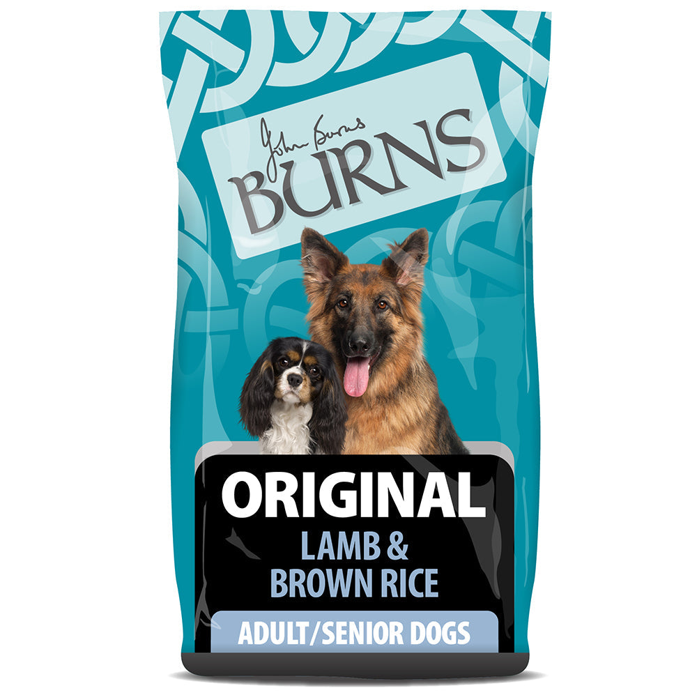 Bag of Burns Original Lamb & Brown Rice dog food for adult/senior dogs on a white background