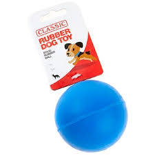 Blue rubber dog toy on a white background with packaging.