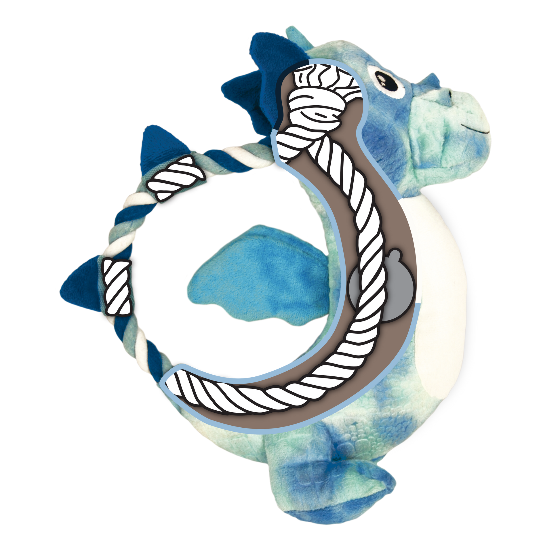 Plush dog toy dragon with blue and green colors on a white background