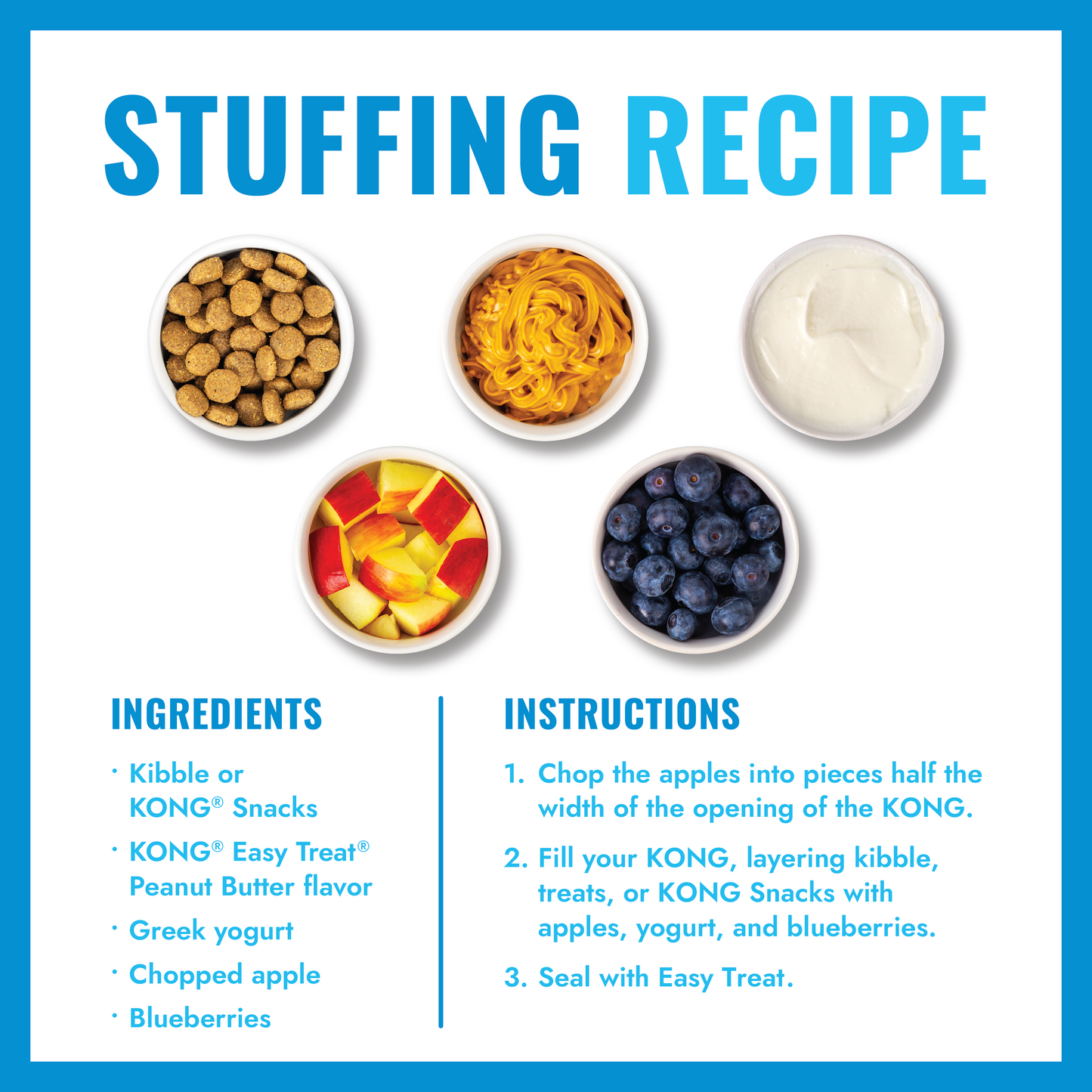 Recipe card for stuffing Kong dog toys with ingredients and instructions on a blue border