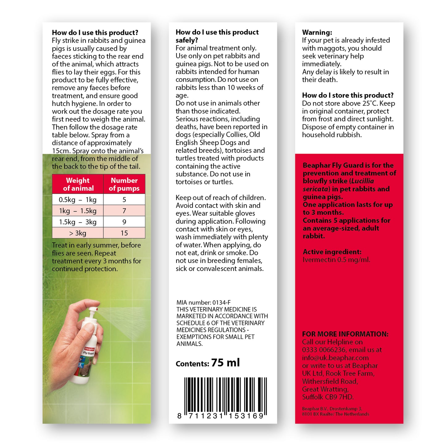 Beaphar Ivermectin Fly Guard Spray - 75ml | Rabbit & Guinea Pig Health Care