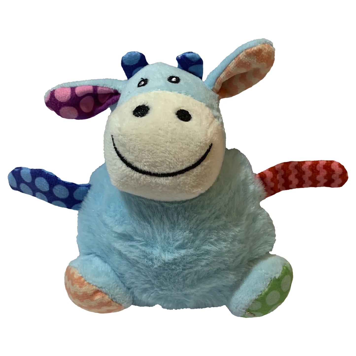 Plush dog toy with a blue and white design on a white background