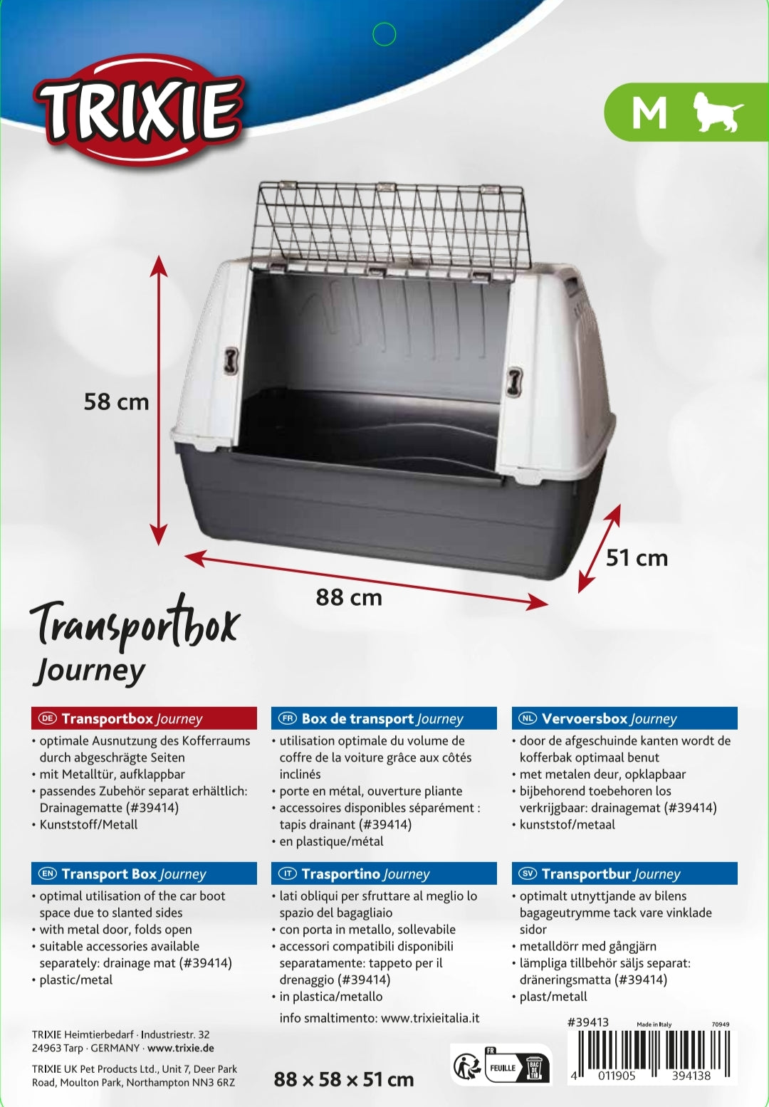 Trixie Journey | Dog Transport Travel Box | Angled Plastic Crate Cage for Safe Car Trips in Boot