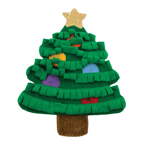 Christmas tree snuffle mat for dogs with colorful ornaments and a gold star on a white background