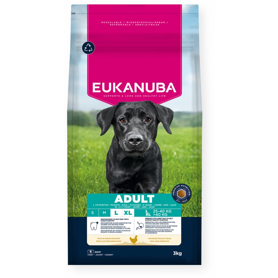 Eukanuba dog food package with a black dog on grass