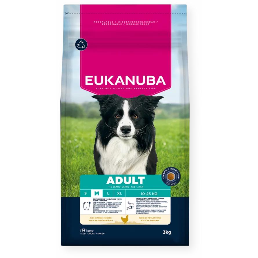 Eukanuba dog food package with a black and white dog on a grassy background