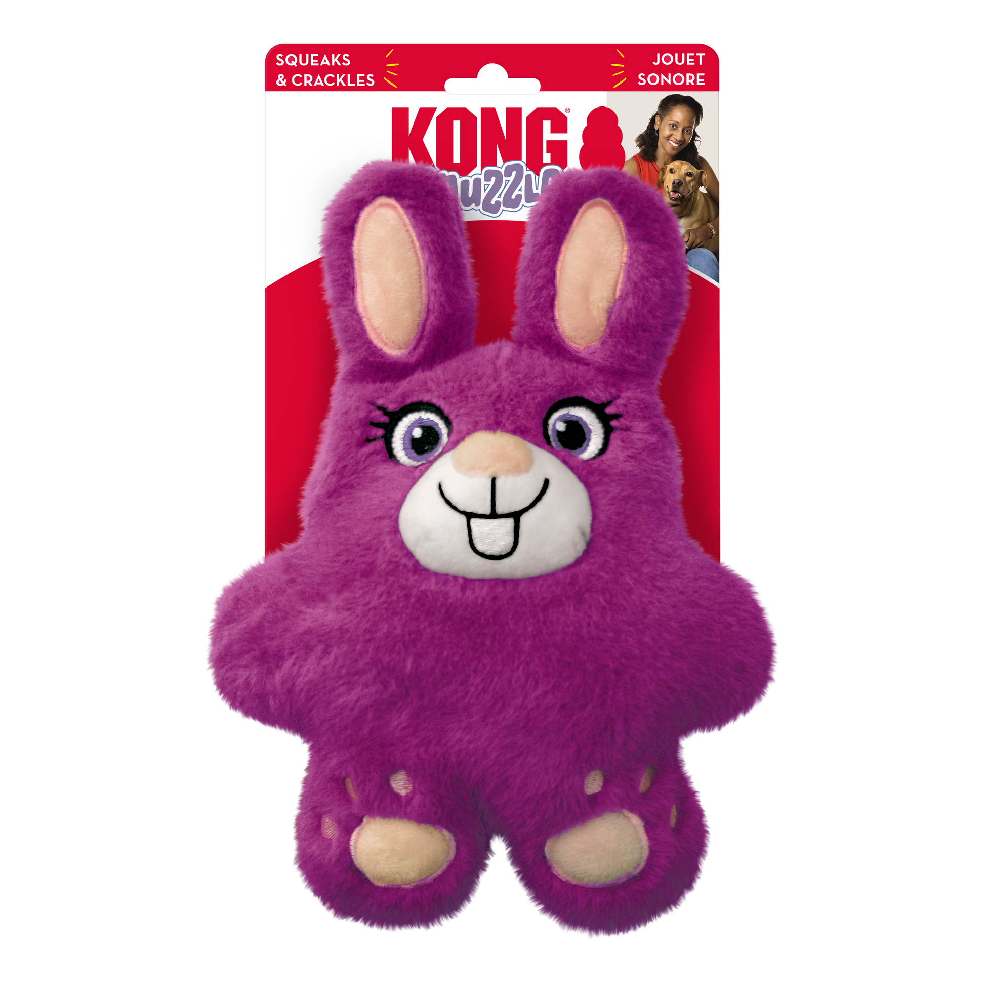 Purple bunny-shaped dog toy with a KONG label on a white background