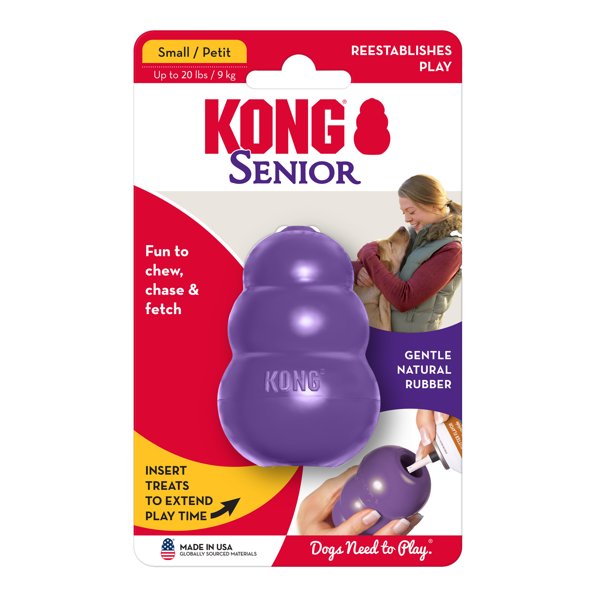 Kong Senior dog toy packaging with purple toy on a white background