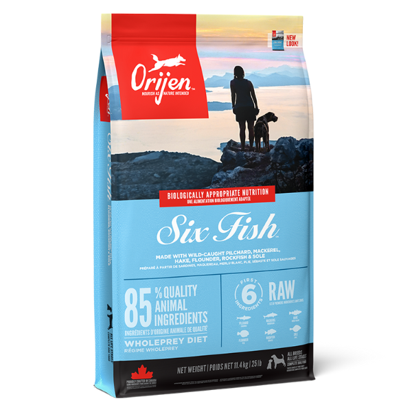 Orijen Six Fish dog food package with a scenic design on a white background