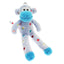 Plush monkey toy with blue face and colorful polka dots on a white background