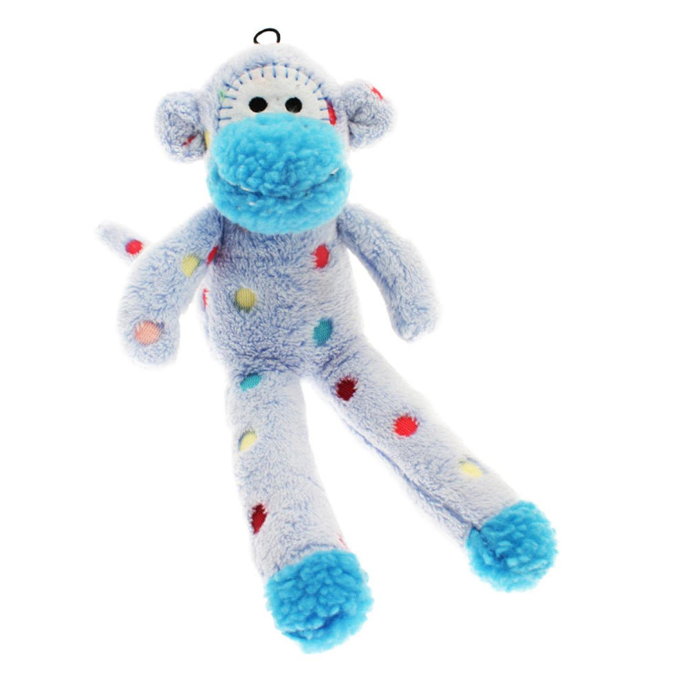 Plush monkey toy with blue face and colorful polka dots on a white background