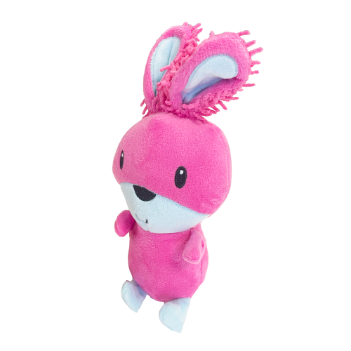 Pink plush dog toy with white accents on a white background