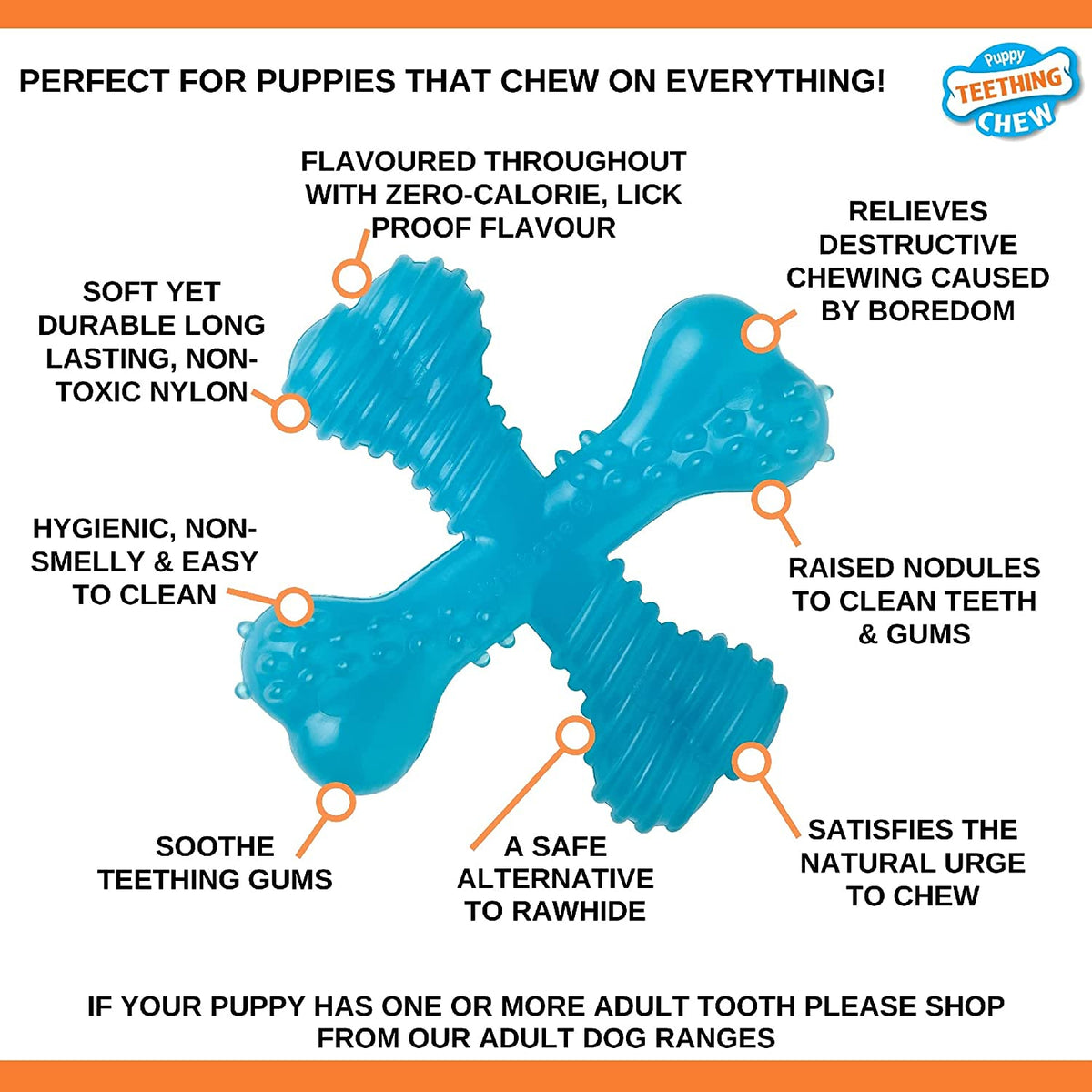 Teething dog chew toy with features listed on a white background
