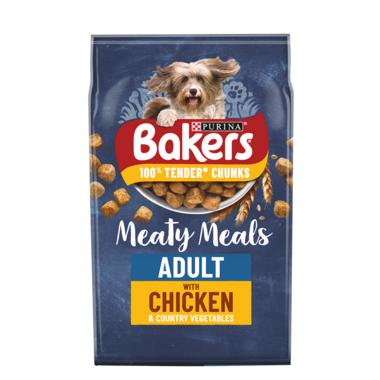 Bag of Bakers Meaty Meals Adult dog food with a dog on the label
