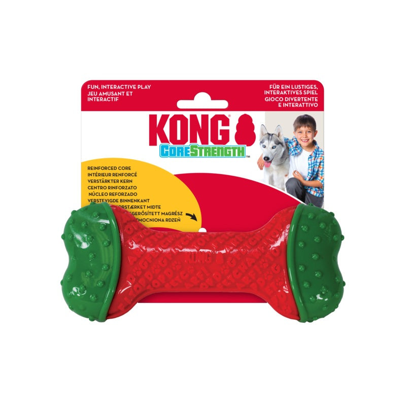 Red and green KONG CoreStrength dog toy with packaging on a white background