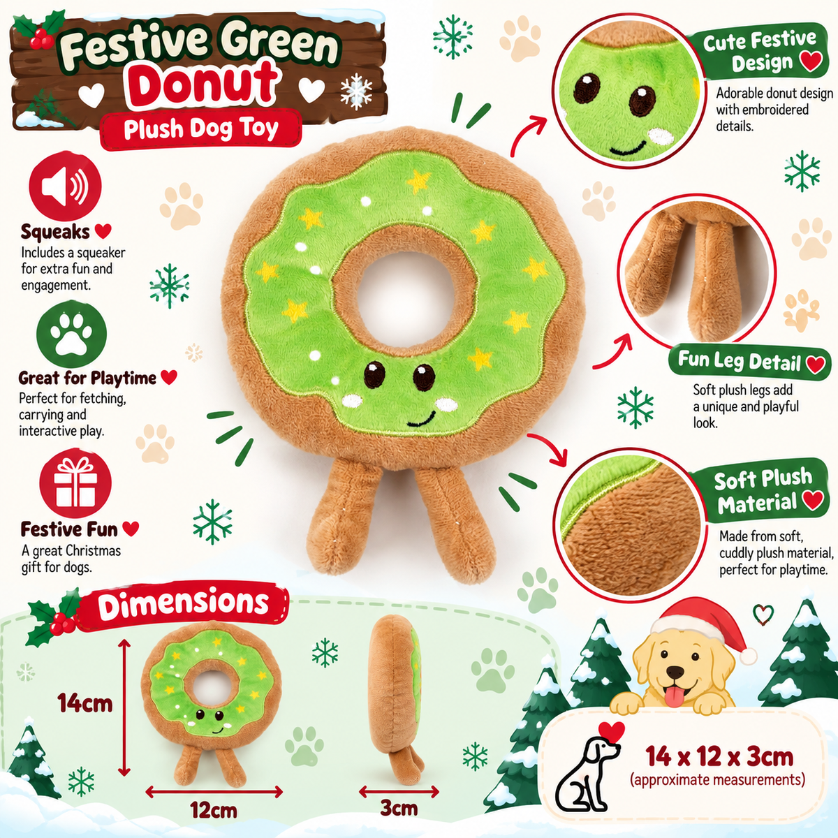 Festive Green Donut 🍩 Plush Christmas Dog Toy by Happy Pet