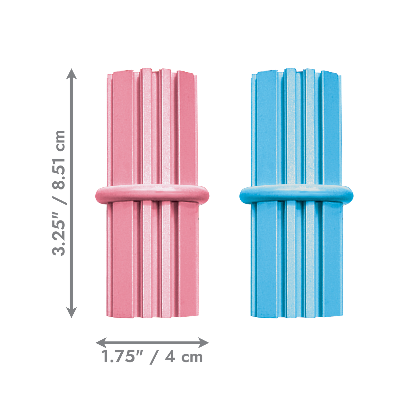 Two colorful puppy toys, one pink and one blue, with measurements indicated on a white background.