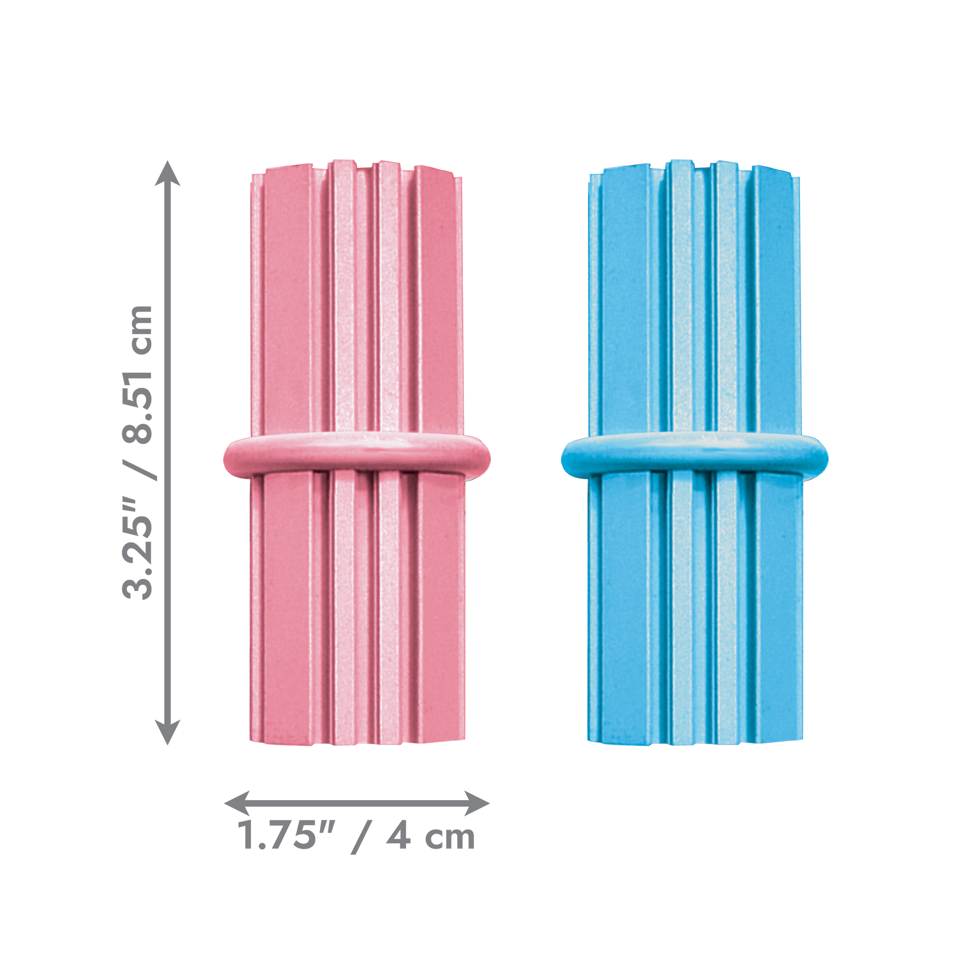 Two colorful puppy toys, one pink and one blue, with measurements indicated on a white background.