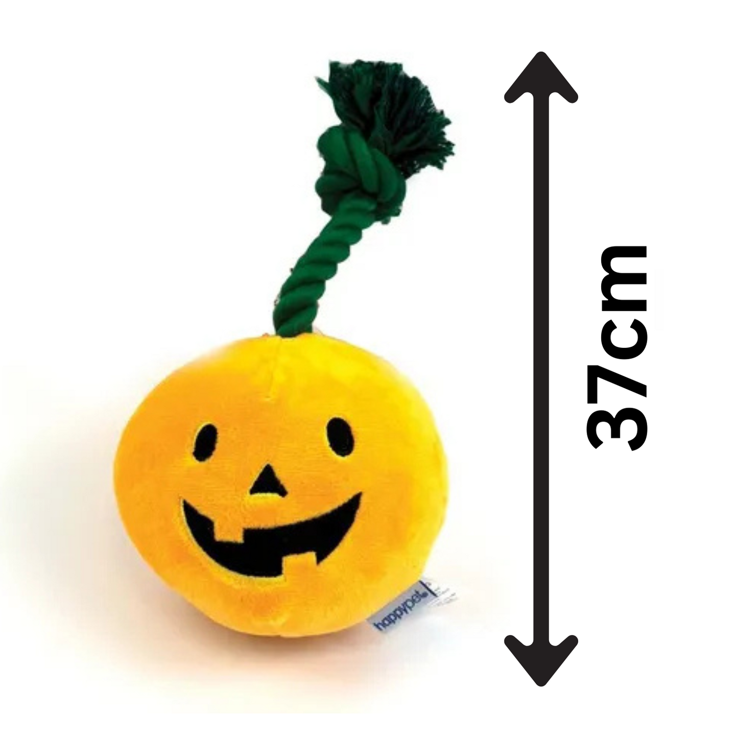 Yellow pumpkin-shaped dog toy with a green rope on a white background, labeled '37cm'.
