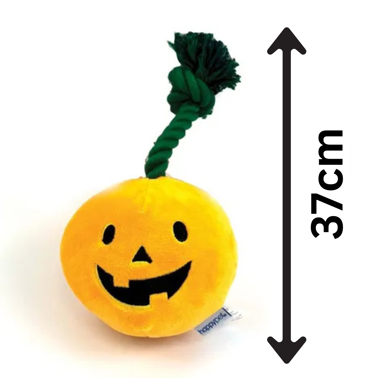 Yellow pumpkin-shaped dog toy with a green rope on a white background, labeled '37cm'.