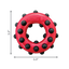 Red KONG dog toy with black beads and measurements on a white background