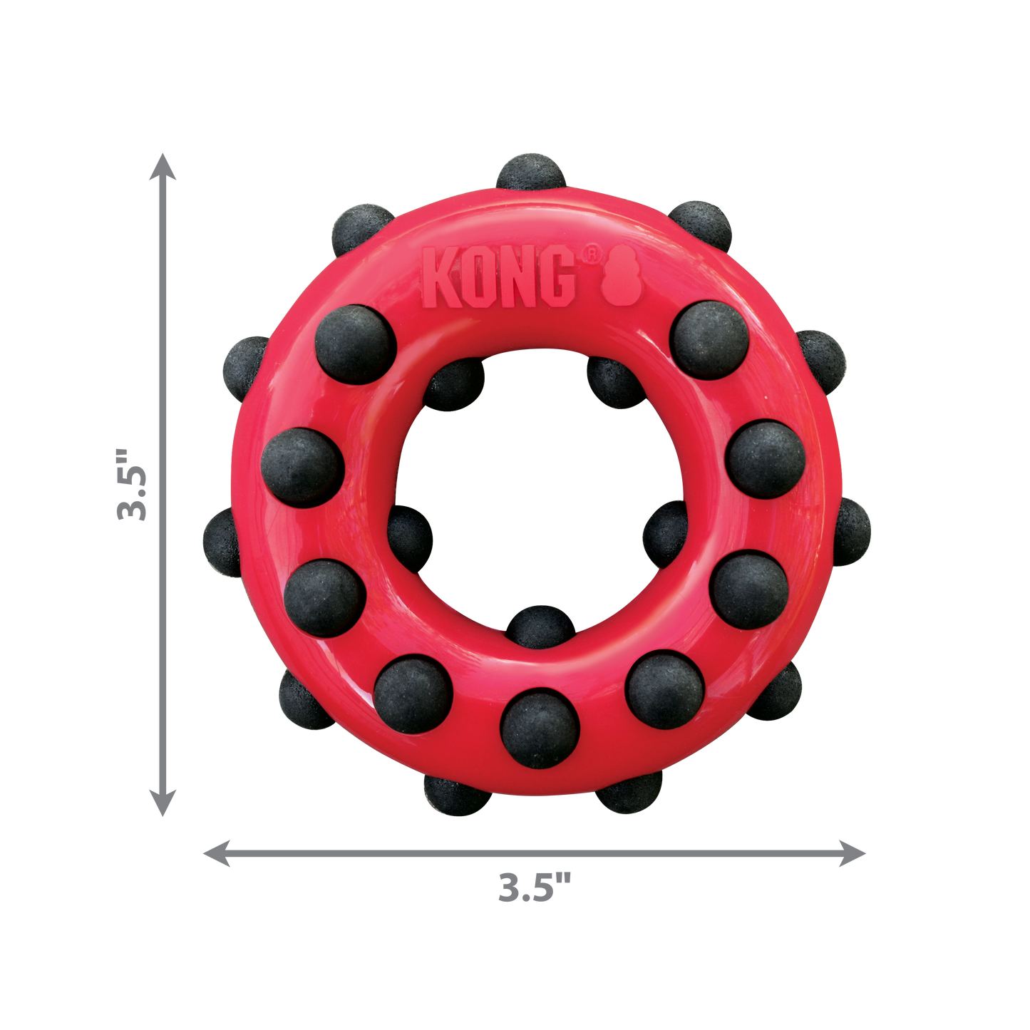 Red KONG dog toy with black beads and measurements on a white background