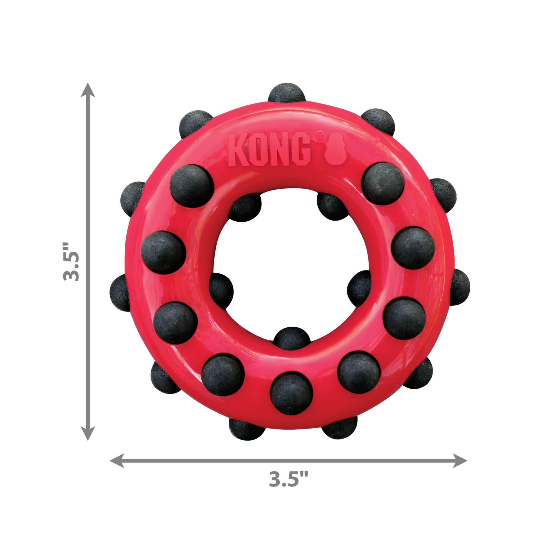 Red KONG dog toy with black beads and measurements on a white background