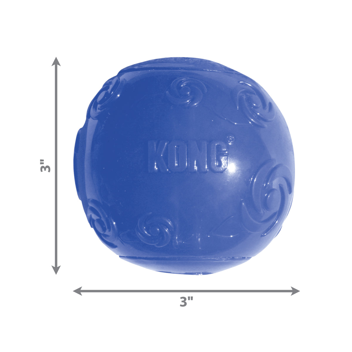 Blue KONG dog toy with dimensions on a white background