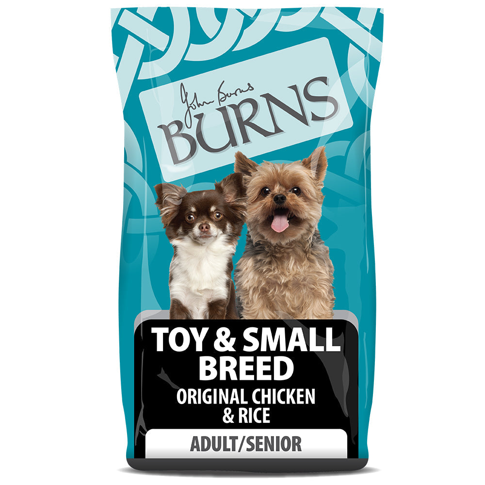 Bag of Burns dog food for toy and small breeds with two dogs on a blue background