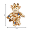 Plush giraffe dog toy with dimensions indicated on a white background
