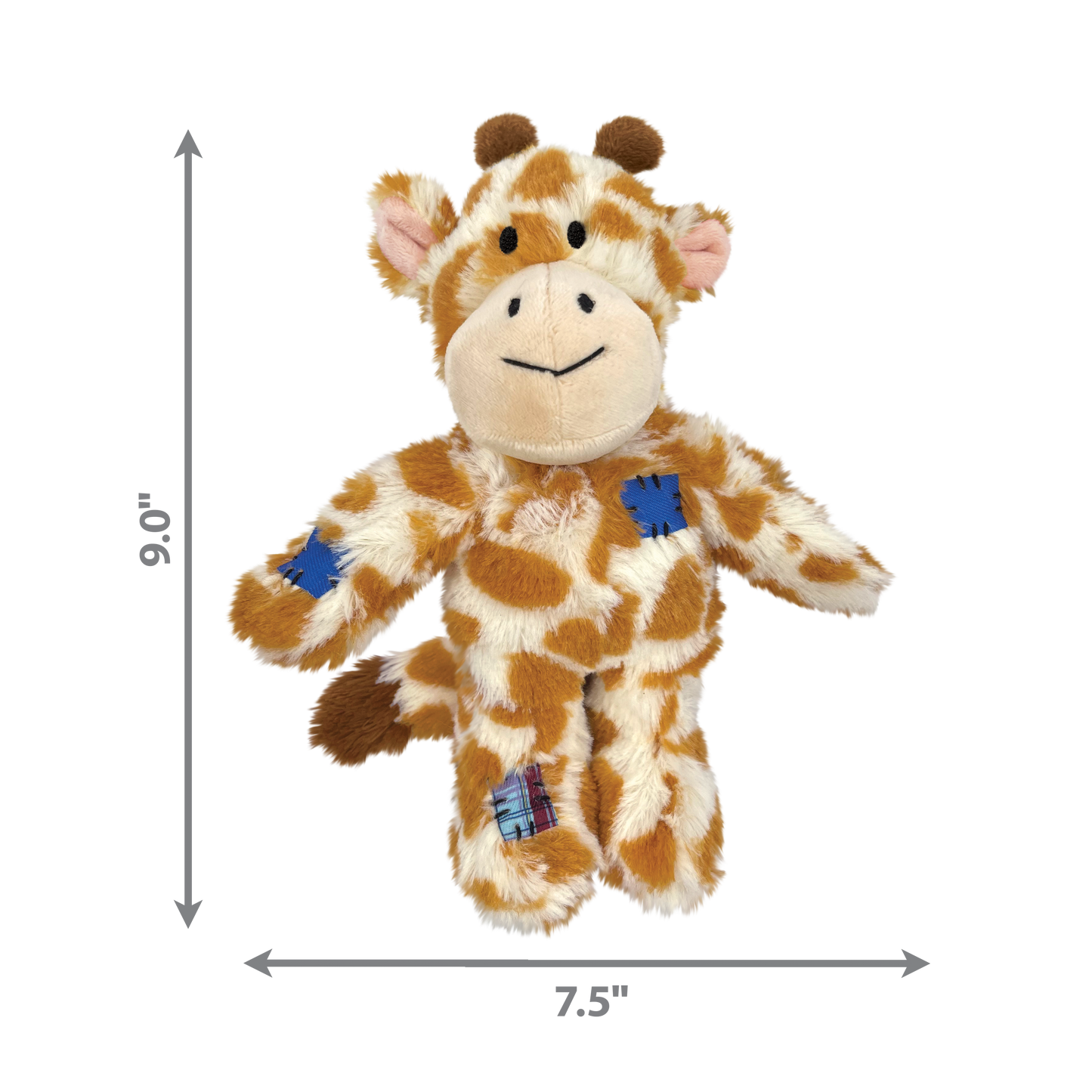 Plush giraffe dog toy with dimensions indicated on a white background