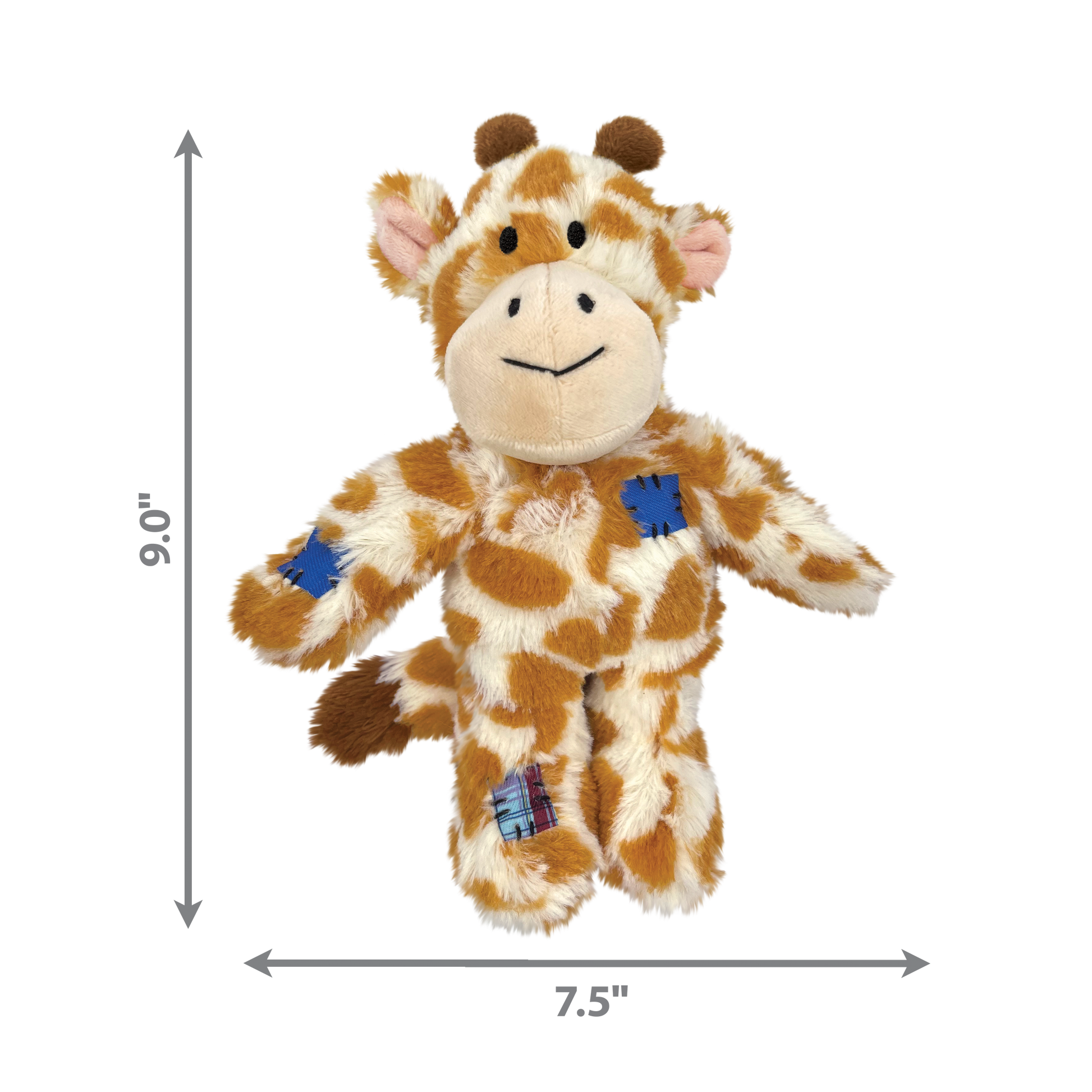 Plush giraffe dog toy with dimensions indicated on a white background