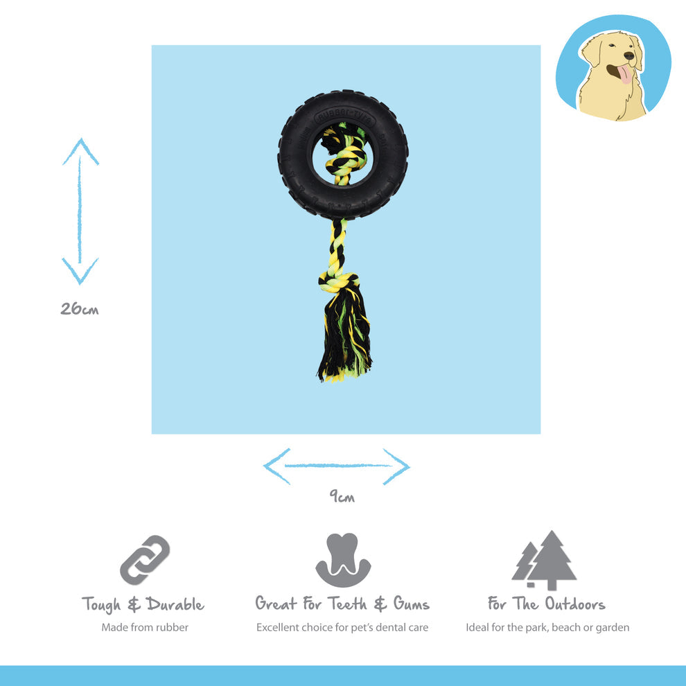 Dog toy with a tire and rope on a blue background, featuring dimensions and benefits.