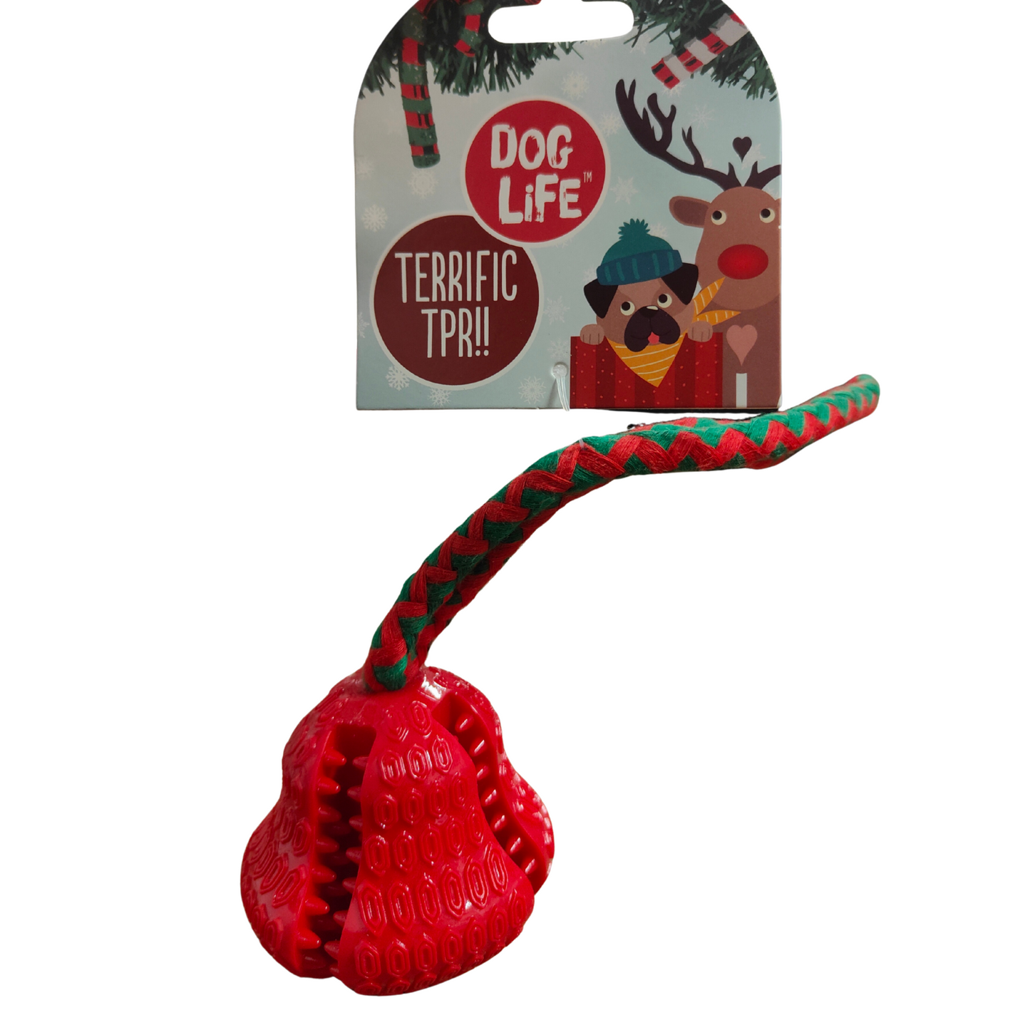 Red dog toy with green handle on a white background, featuring 'Dog Life' packaging.