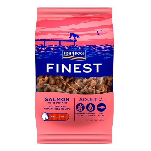 Bag of Fish4Dogs Finest Salmon with Potato dog food on a white background
