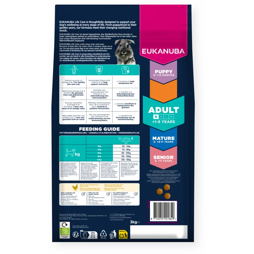 Eukanuba dog food packaging with feeding guide and product details on a white background