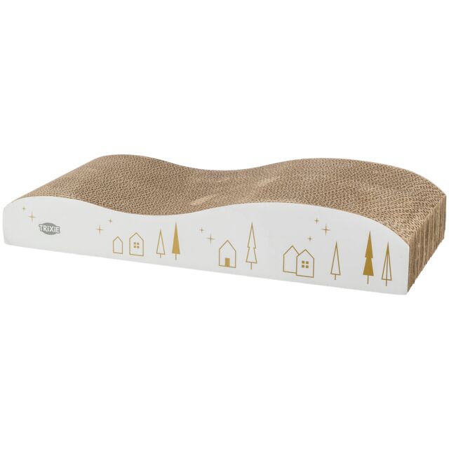 Cat scratcher with wavy design on a white background