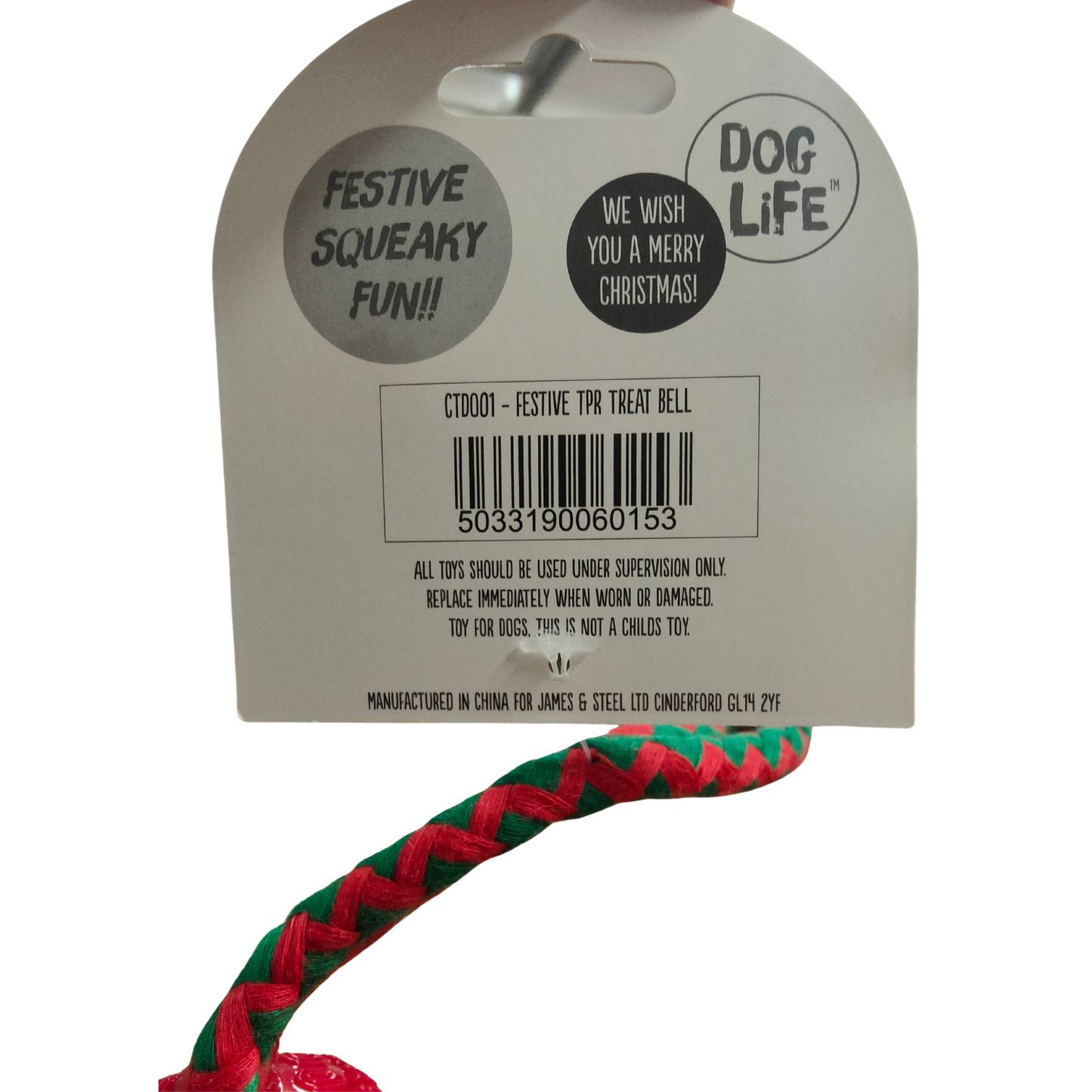 Dog toy with festive braided rope and 'Dog Life' packaging on a white background