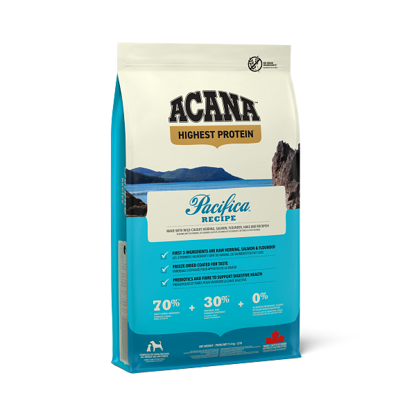 Acana dog food package with 'Highest Protein' and 'Pacifica Recipe' on a white background