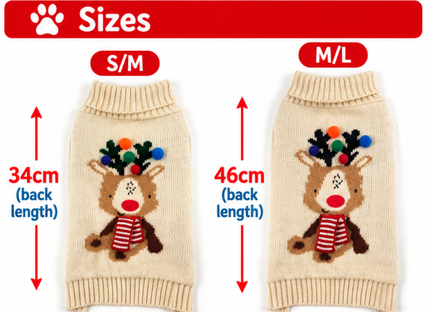 Size chart for a knitted pet sweater showing two size options: S/M and M/L. The sweaters are cream-colored with a festive reindeer design featuring a red nose, red-and-white striped scarf, and multicolored Christmas hat.