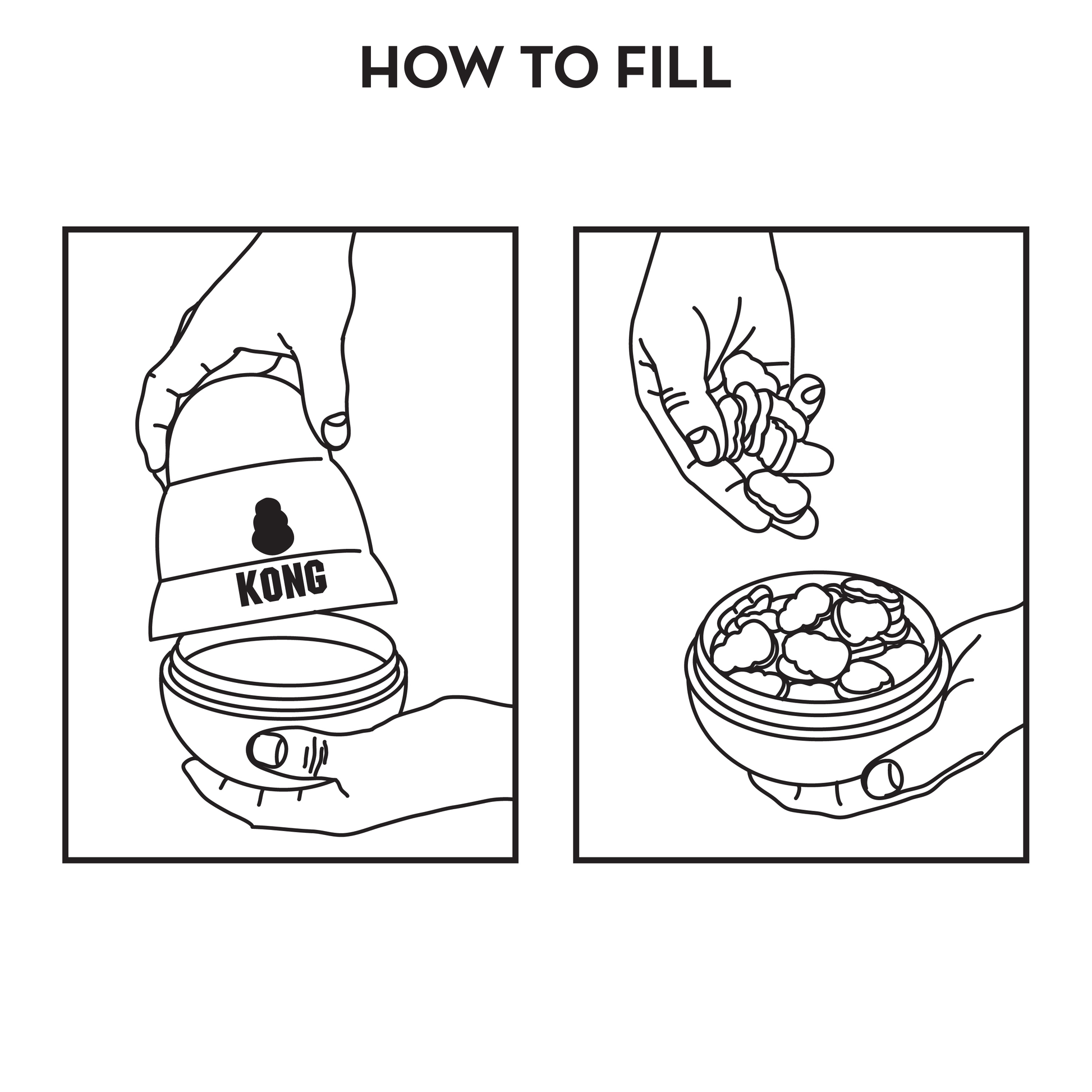 Black and white diagram showing how to fill a KONG pet toy.