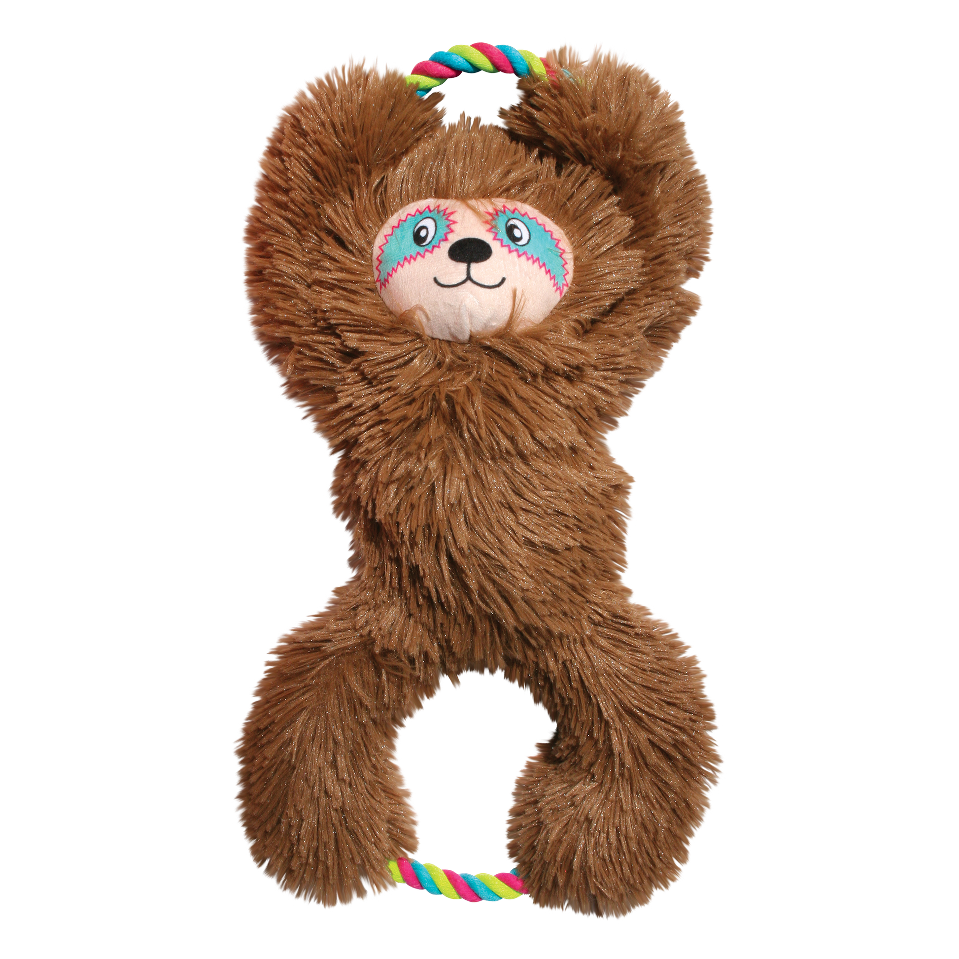 Plush sloth dog toy with a colorful rope on a white background
