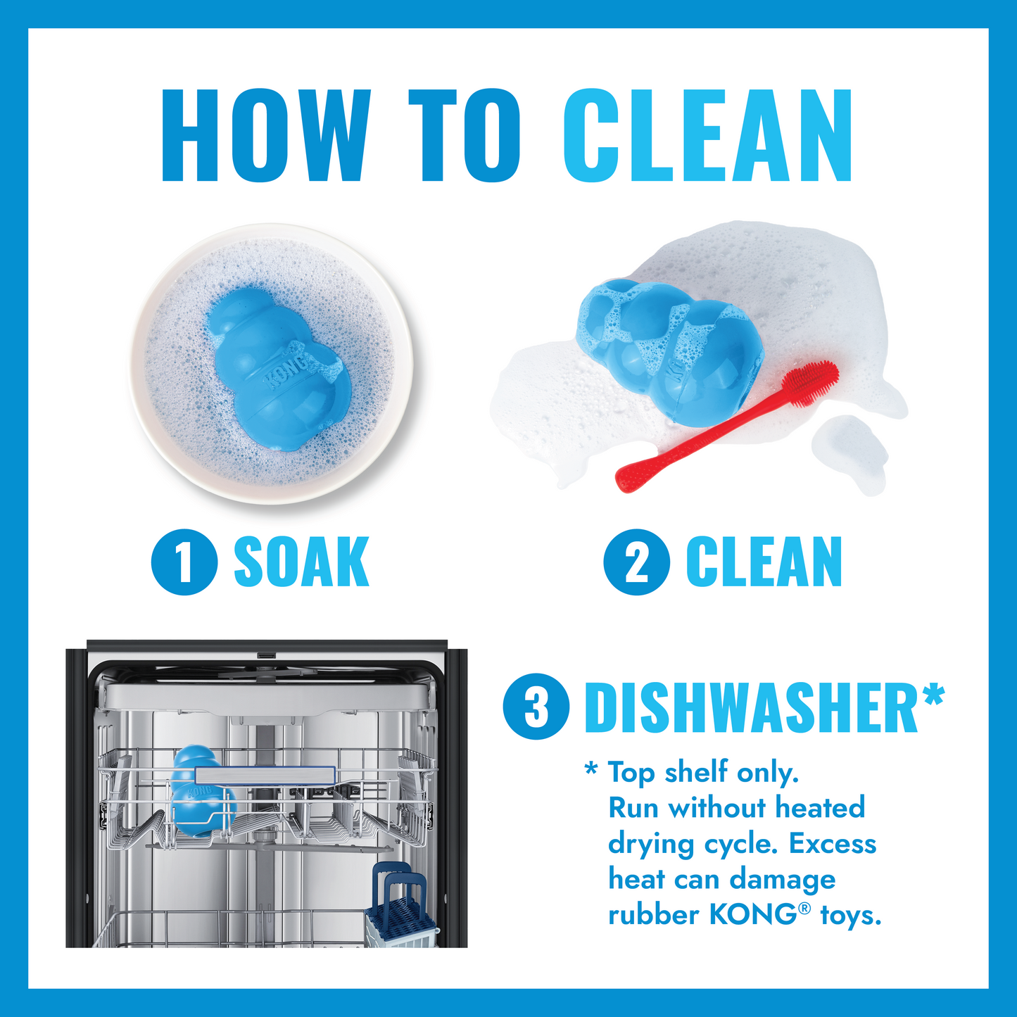 Instructions on how to clean KONG toys with images and text.