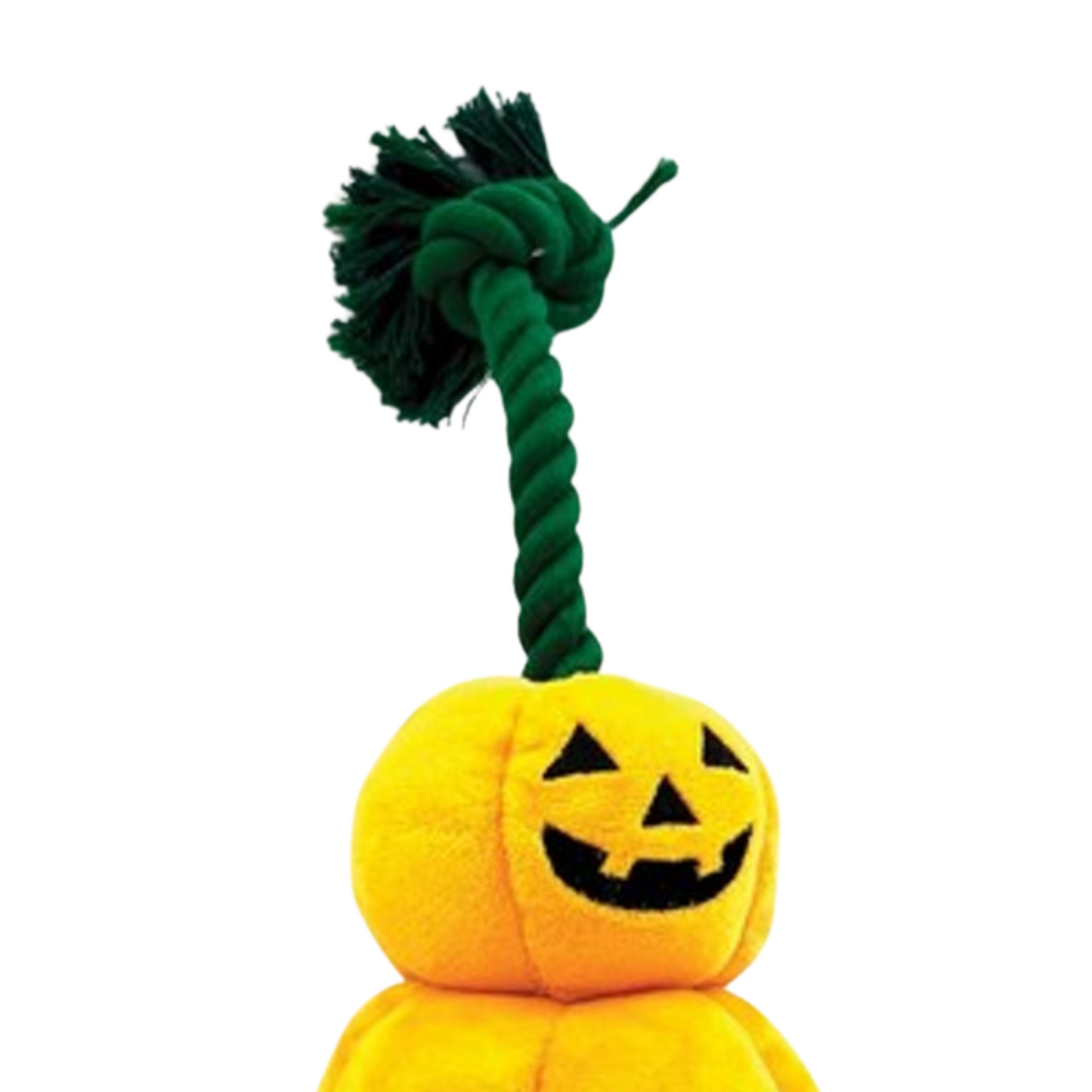 Plush pumpkin dog toy with a green rope on a white background