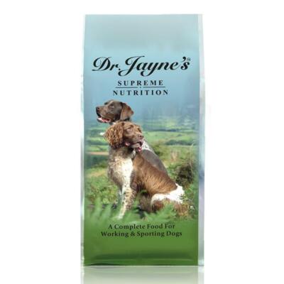 Dr. Jayne's Supreme Nutrition dog food package with two dogs on a green background
