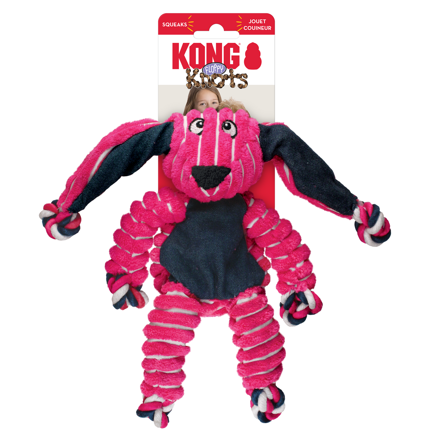 Pink and black KONG dog toy with packaging on a white background