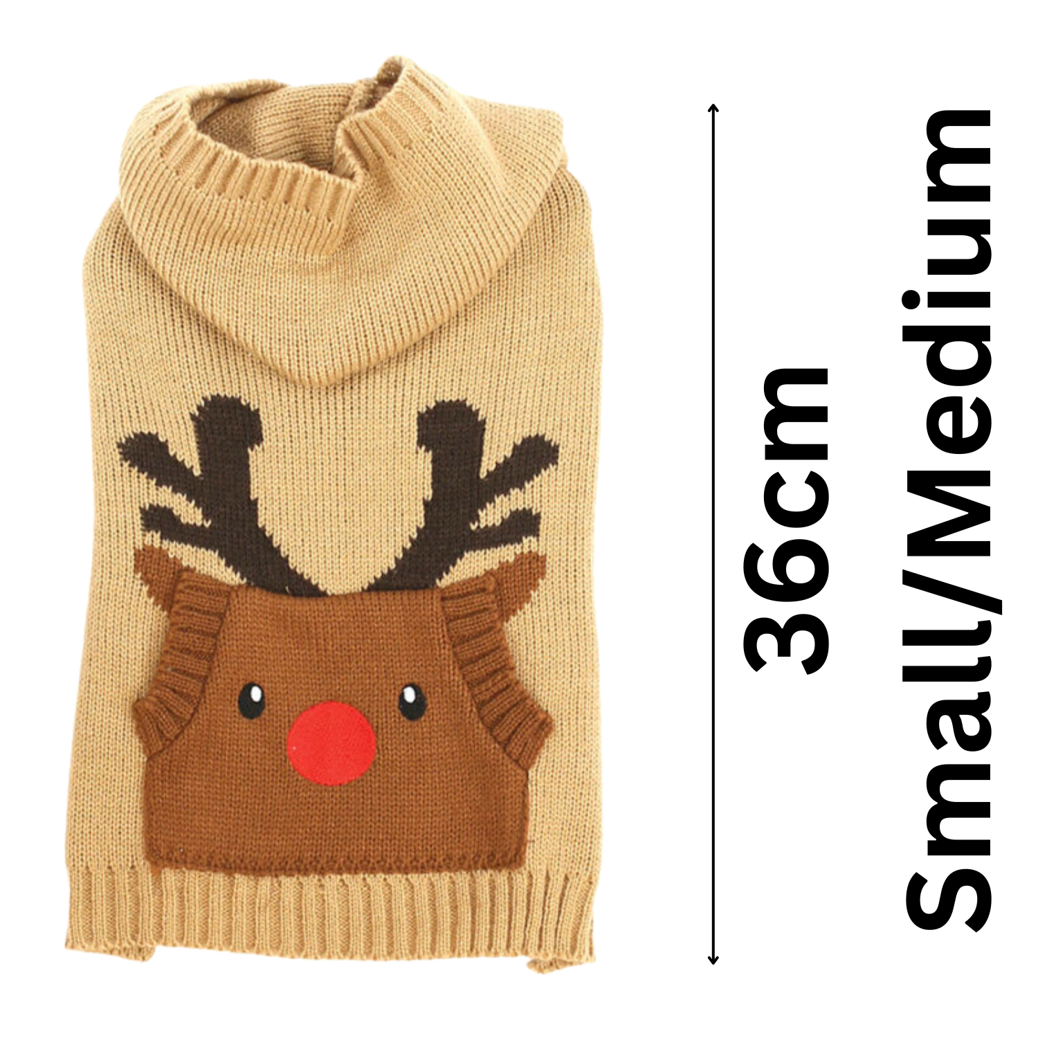 Beige dog sweater with reindeer design and measurements on a white background