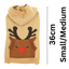 Beige dog sweater with reindeer design and measurements on a white background