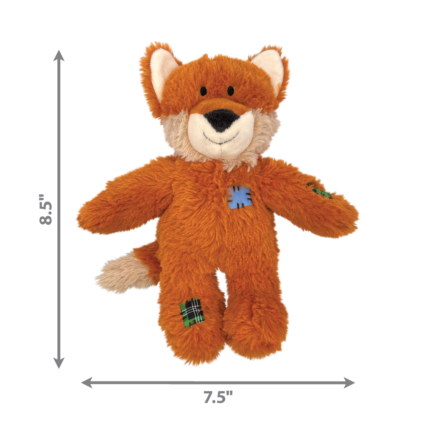 Plush fox dog toy with dimensions indicated on a white background