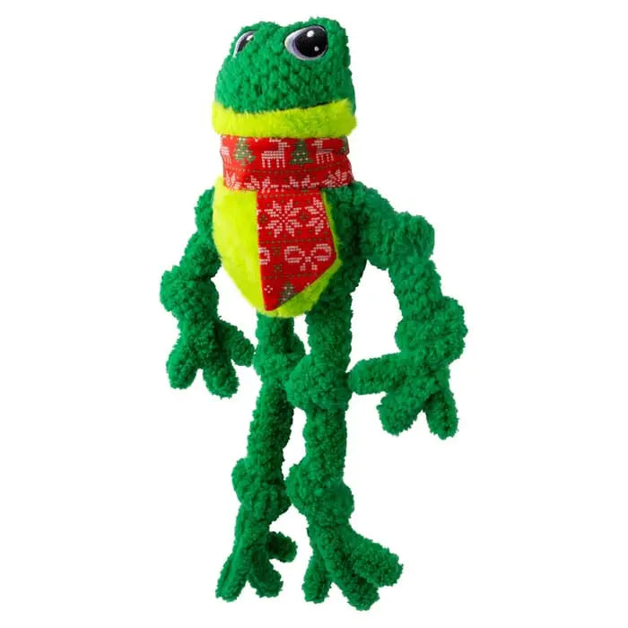 Green plush frog dog toy with a red sweater on a white background